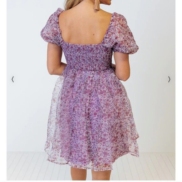 Floral Puff Sleeve Chiffon Mini Dress Purple Cottagecore Fairy Size M - Picture 5 of 10